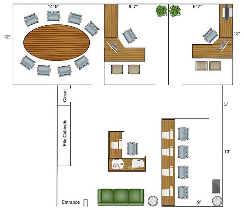 the floor plan for a conference room with couches, tables, and seating areas