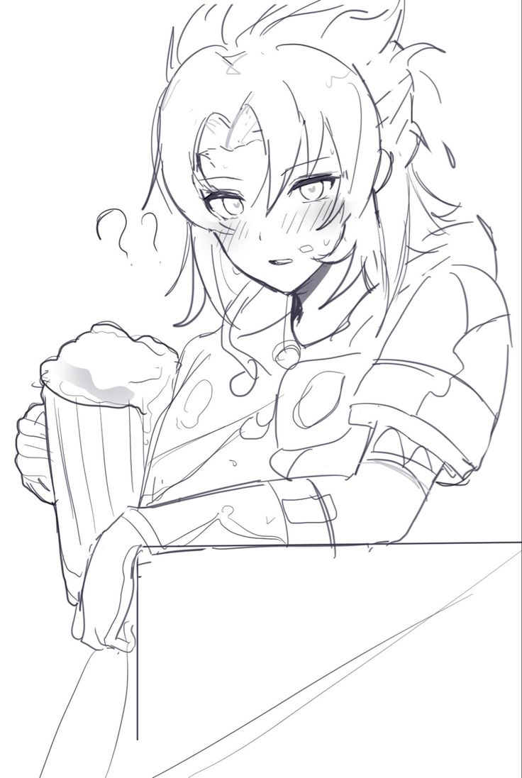 a drawing of a girl holding a cup and looking at the camera with her eyes closed