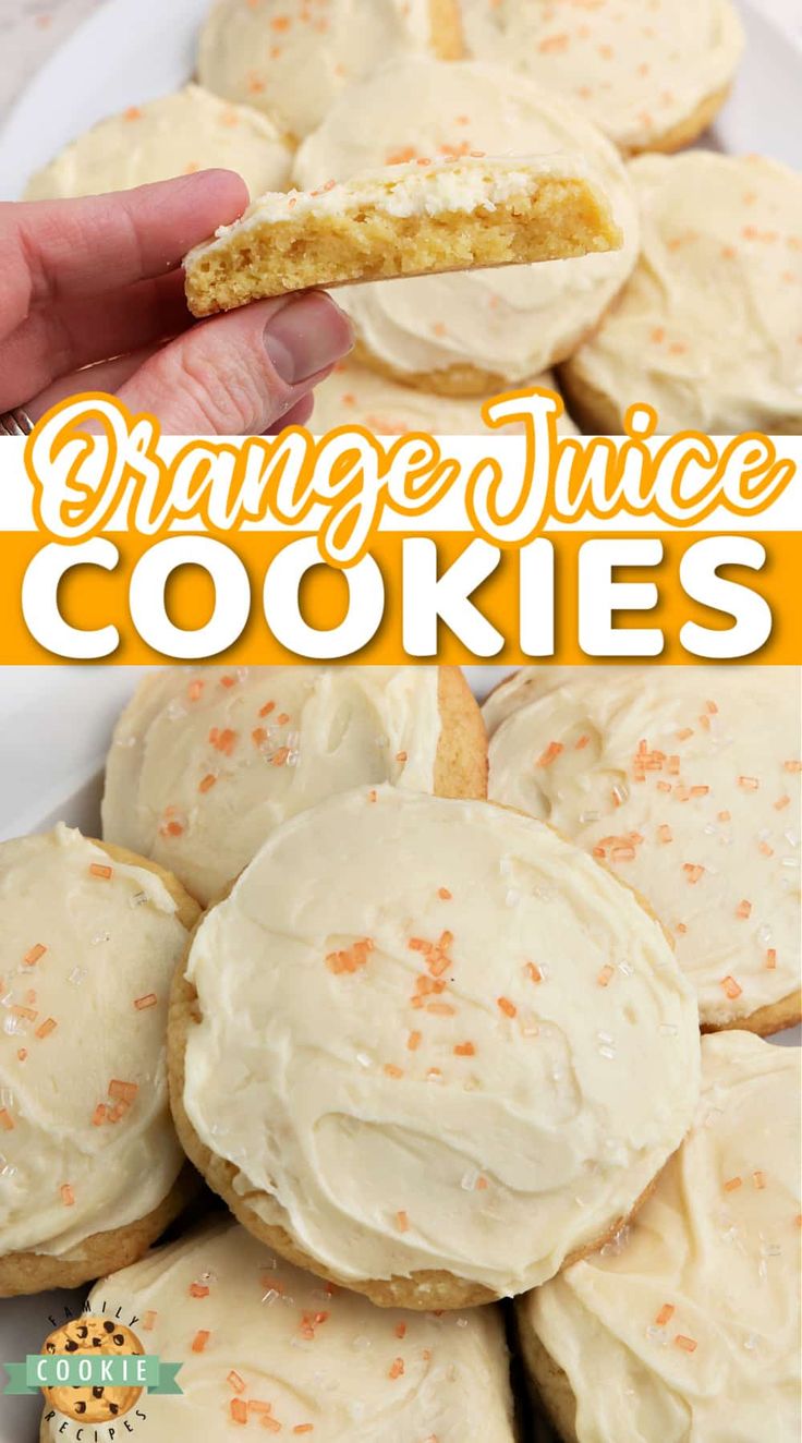 orange rice cookies with white frosting and sprinkles