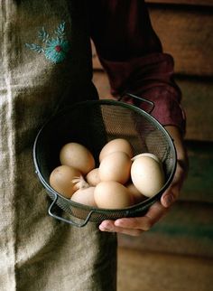 a person holding a basket full of eggs