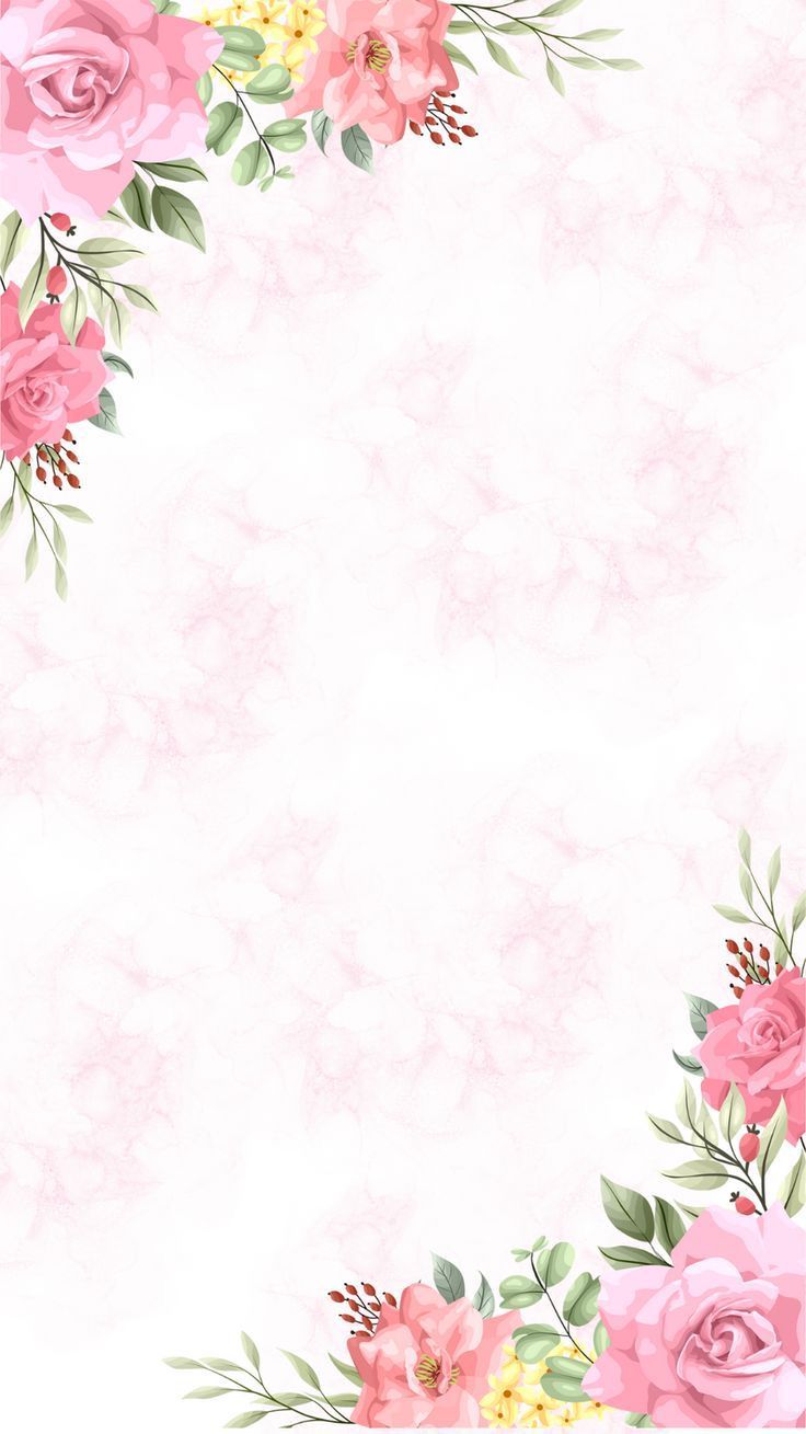 pink roses with green leaves and yellow flowers on a light pink watercolor paper background