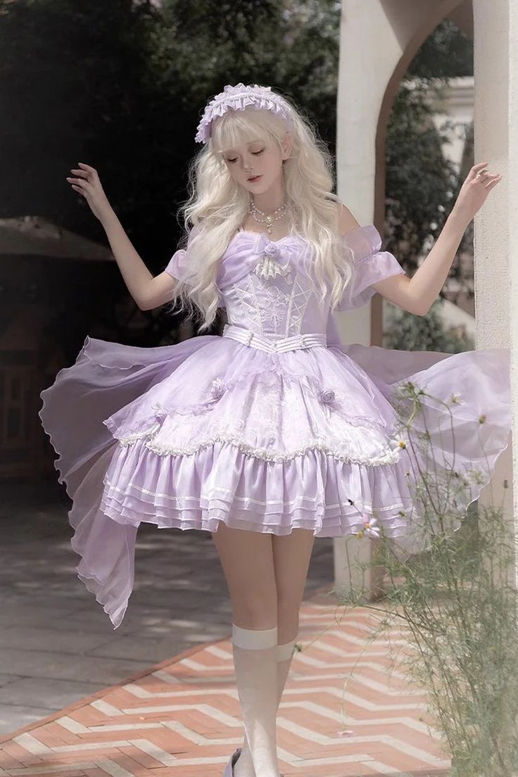 Purple Fantasy Music Box Ruffle Bowknot Lace Ballet Sweet Elegant Lol – LolitaInside Purple Tea Party Dress, Kawaii Dresses With Bow, Purple Fairy Kei Dress For Spring, Sweet Purple Ruffle Dress, Fairy Kei Purple Dress For Party, Fairy Kei Purple Party Dress, Purple Fairy Kei Dress With Ruffles, Ballet Clothes Aesthetic, Diary Aesthetics