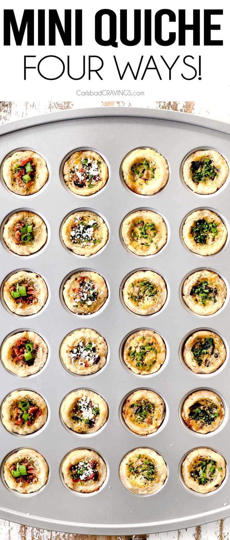 mini quesadillas with cheese and toppings on a baking sheet that says, mini quiches four ways