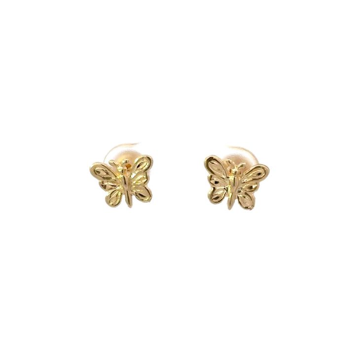 A pair of gold earrings. Each earring is in the shape of a butterfly with threaded posts. Measurements 3/16 inches long (10mm) 1/4 inches wide (8mm) Metal Content Guaranteed 14k yellow gold Weight: 1.4 grams Gold Earrings With Butterfly Charm For Everyday, Gold Earrings With Butterfly Charm For Formal Events, Gold Butterfly Earrings For Formal Occasions, Gold Earrings With Butterfly Charm For Formal Occasion, Yellow Gold Butterfly Jewelry With Piercing, 14k Gold Butterfly Earrings For Gift, Dainty Yellow Gold Earrings With Butterfly Charm, Luxury Yellow Gold Butterfly Earrings, Gold Hypoallergenic Butterfly Earrings