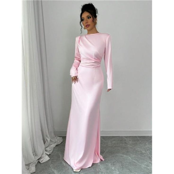 -Item Id 44395074 -Details: Ruched, Zipper -Neckline: Boat Neck -Sleeve Type: Regular Sleeve -Style: Elegant -Type: Fitted -Waist Line: High Waist -Hem Shaped: Mermaid -Color: Pink -Pattern Type: Plain -Sleeve Length: Long Sleeve -Fit Type: Regular Fit -Length: Maxi -Material: Satin -Composition: 100% Polyester -Care Instructions: Machine Wash, Do Not Dry Clean -Sheer: No -Fabric: Non-Stretch **Open To Offers!!!** **Bundle To Save More** **30% Off Bundles Of 2 Or More Items!!** ***Orders Go Out Pink Long Sleeve Satin Dress, Hijabi Satin Dress, Elegant Silk Dress, Elegant Silk Dresses, Long Sleeve Satin Dress, Satin Dress Long, Long Sleeve Dress Formal, Column Dress, Dress Inspo