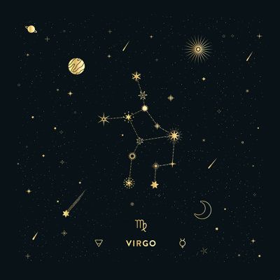 the zodiac sign virgo surrounded by stars and planets on a black background with gold lettering