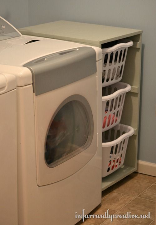 a washer and dryer sitting next to each other in a room with blue walls