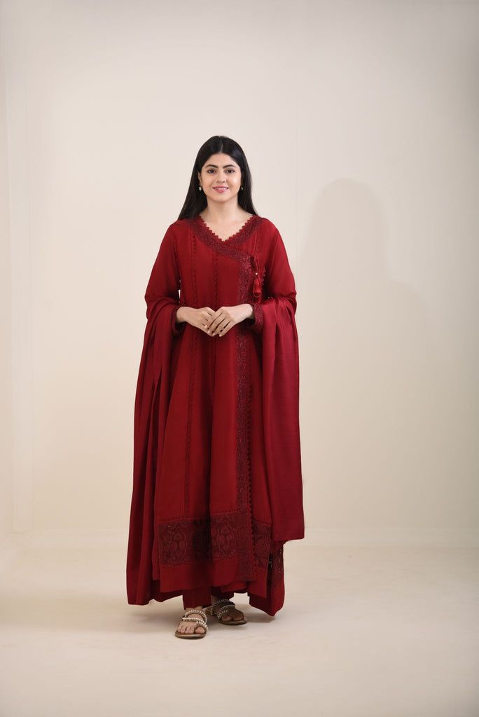 Maroon Silk Angrakha Traditional Floor-length Formal Salwar Kameez, Long Unstitched Embroidered Anarkali Set, Unstitched Long Embroidered Anarkali Set, Unstitched Long Anarkali Set With Embroidery, Traditional Jamawar Formal Dress, Traditional Formal Jamawar Dress, Elegant Floor-length Jamawar Dupatta, Traditional Long Anarkali Set With Resham Embroidery, Formal Embroidered Cotton Silk Salwar Kameez