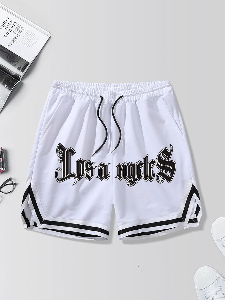 White Casual Collar  Fabric Letter,Striped Track Shorts Embellished Slight Stretch Summer Men Clothing Hype Clothing, White Fashion Casual, Basketball Clothes, Outfits Hombre, Dope Outfits For Guys, Drawstring Waist Shorts, Tomboy Style Outfits, Pinturas Disney, Cool Outfits For Men