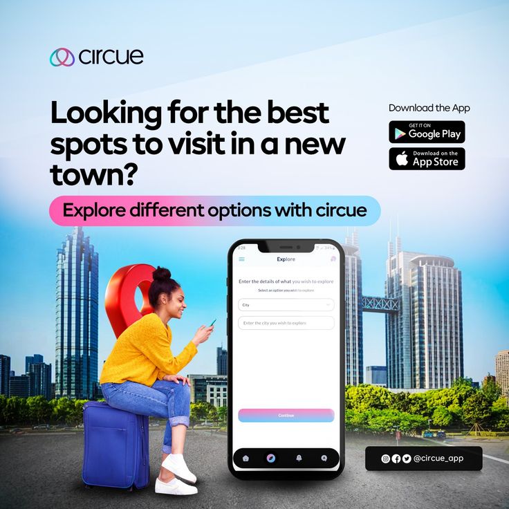 a woman sitting on top of a suitcase next to a cell phone with the caption looking for the best spots to visit in a new town? explore different options with circle