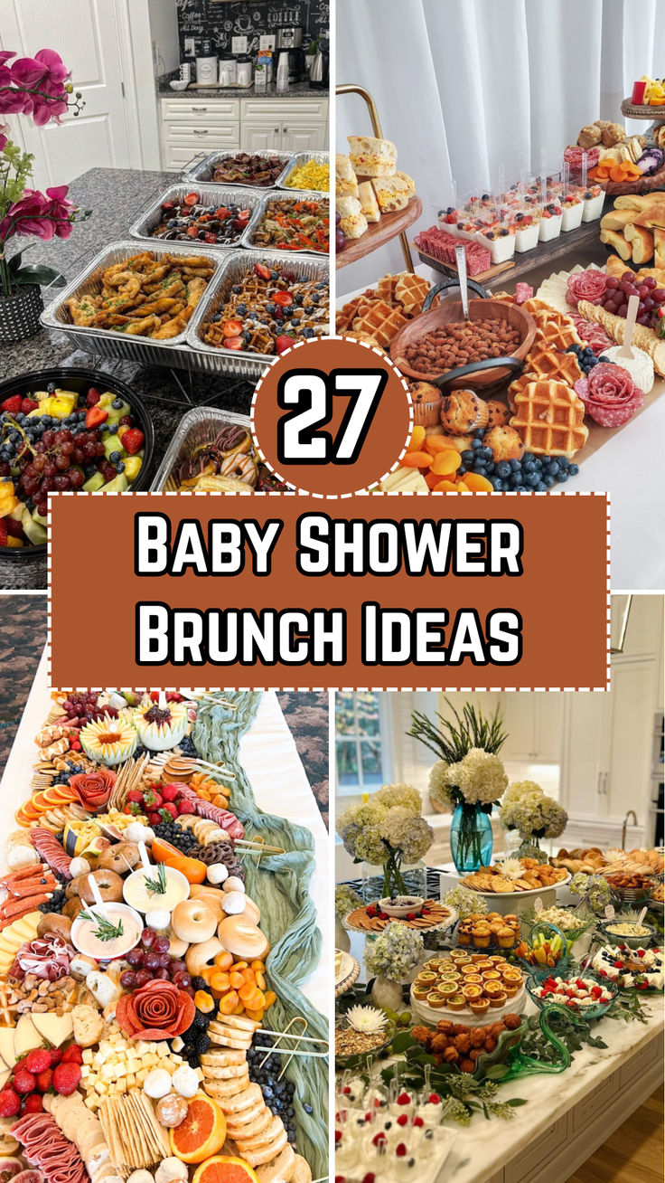 The image features a beautifully arranged baby shower brunch table with pastel-colored decorations Breakfast Buffet Ideas Food Stations Brunch Party Easy Recipes, Winter Shower Food Ideas, Brunch Ideas For Baby Shower Girl, Brunch For Baby Shower Ideas, Sprinkle Brunch Ideas, Baby Shower Brunch Charcuterie Board, Brunch Ideas For Baby Shower Lunches, Baby Shower Food Table Decoration Ideas, Baby Shower Food Display Ideas