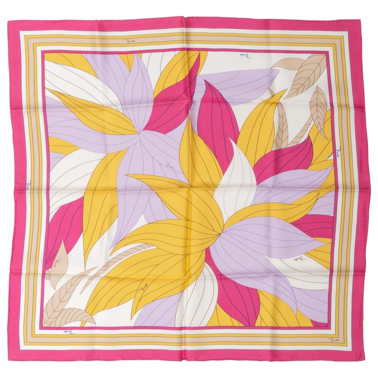 Pucci silk twill hot pink leaves print scarf. Hand rolled edges. Does not include box. Retro Fabric Prints, Pucci Scarf, Pucci Print, Leaf Scarf, Italian Textiles, Pink Scarf, Leaves Print, Pink Leaves, Pink Scarves