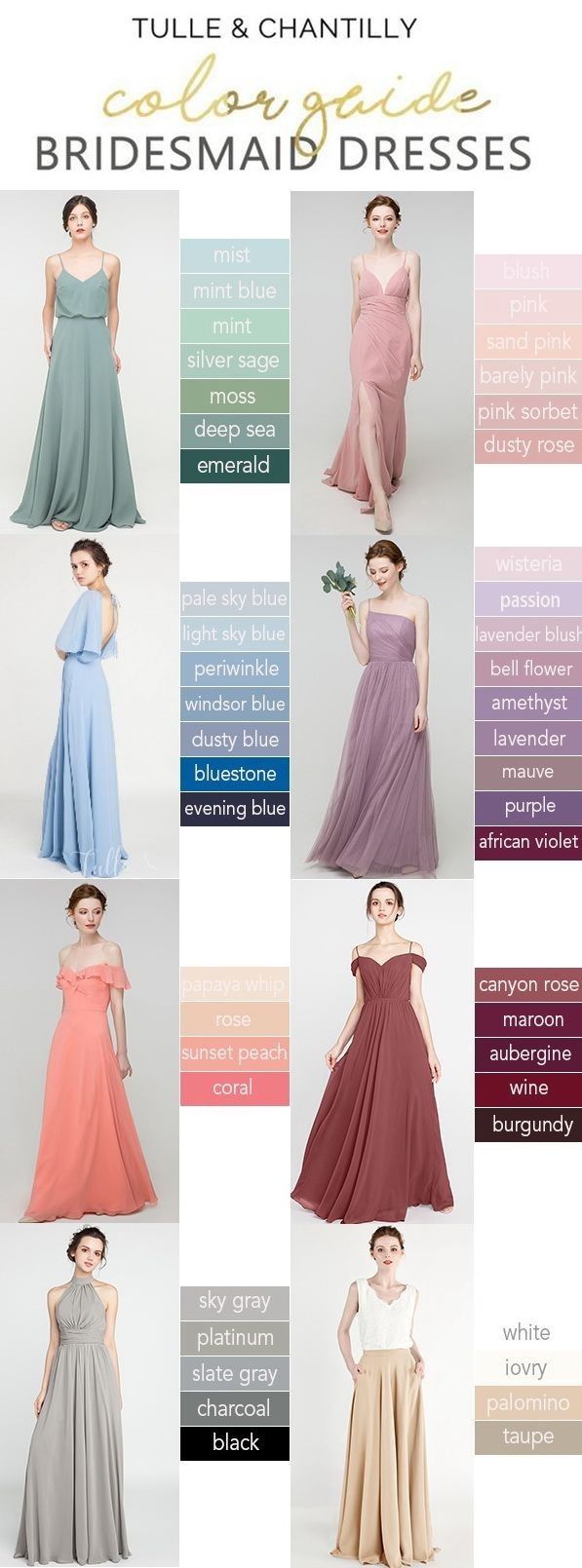 the bridesmaid dresses are all different colors