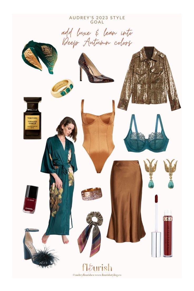 a woman in a green dress and gold jacket with accessories including shoes, bras, lipstick