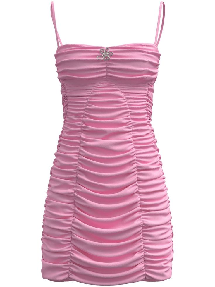 bubblegum pink stretch-design ruched detailing shirred effect floral appliqué sweetheart neck spaghetti straps sleeveless fitted waistline thigh-length scallop hem Pink Bodycon, Versace Pink, Pink Things, Fairytale Fashion, Pink Mini Dress, Fashion Closet, Scallop Hem, Versace Outfit, Yoko London