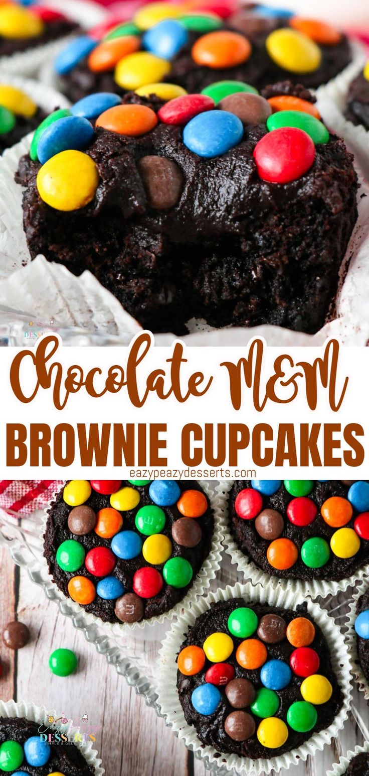 chocolate brownie cupcakes with m & m's on top and the title above it