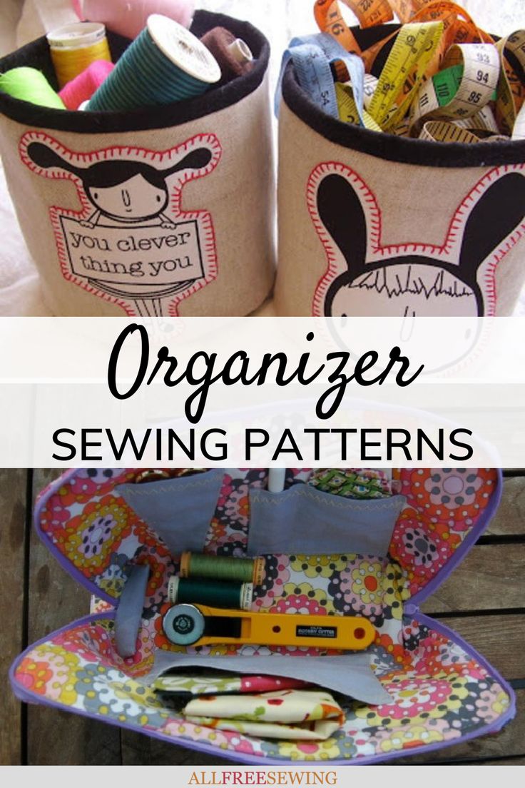 two baskets filled with sewing supplies and the words organizer sewing patterns written in black on them