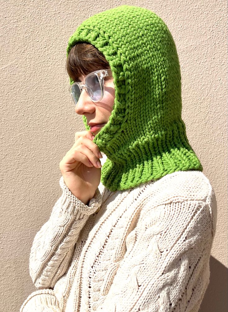 Casual Knit Balaclava For Cold Weather, Casual Acrylic Balaclava For Winter, Casual Knitted Balaclava For Outdoor, Casual Green Balaclava For Winter, Casual Winter Acrylic Balaclava, Handmade Casual Balaclava For Winter, Green Casual Balaclava For Winter, Casual Warm Balaclava One Size, Green Balaclava For Winter Cold Weather