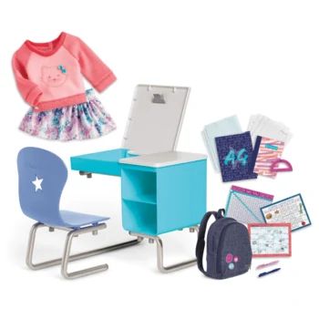 the doll is dressed in pink, blue and white with accessories including a laptop computer