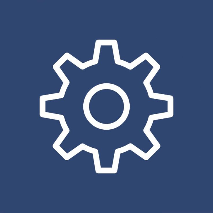 a blue square with a white outline of a cogwheel on the front and center