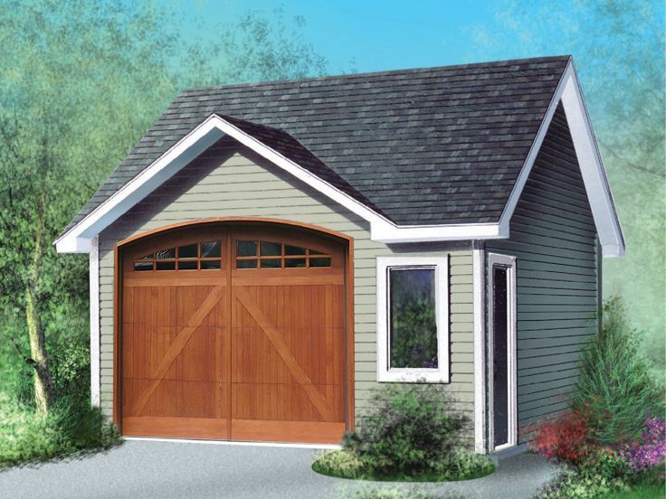 a drawing of a two car garage with a brown door and window on the side