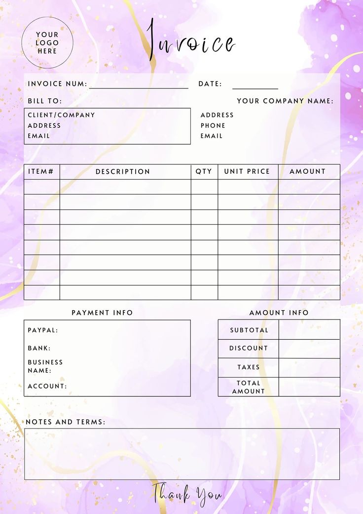 an invoice form with purple watercolor paint and gold swirls on it