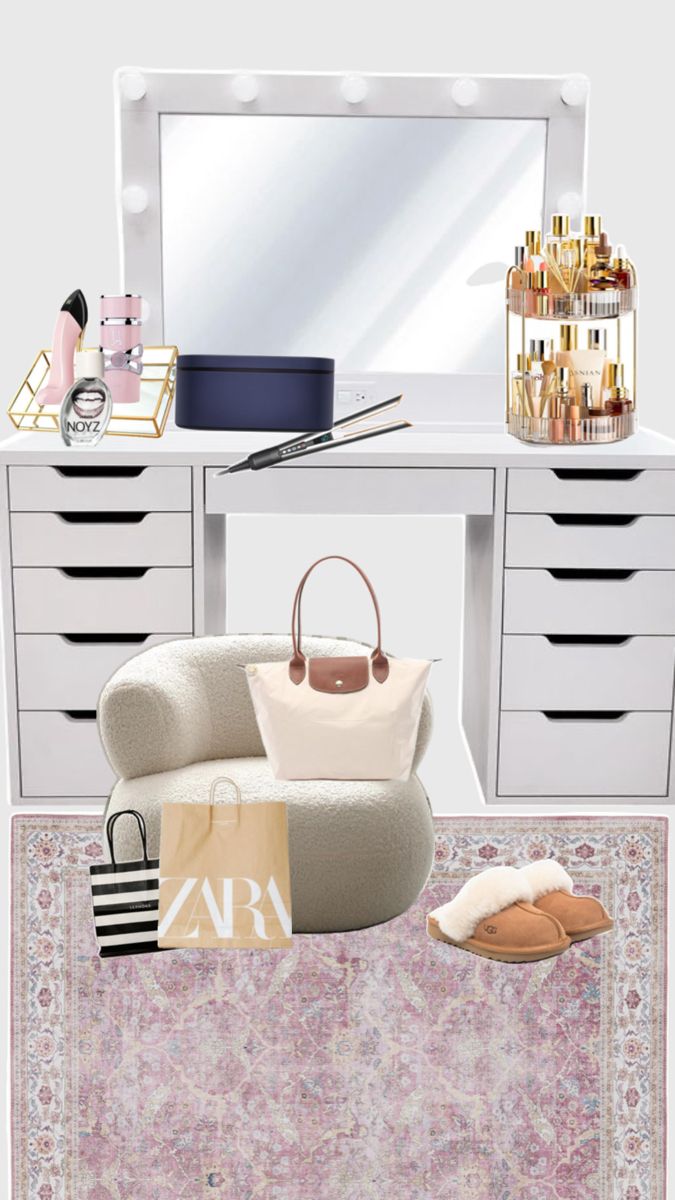 an image of a woman's room with shoes and bags