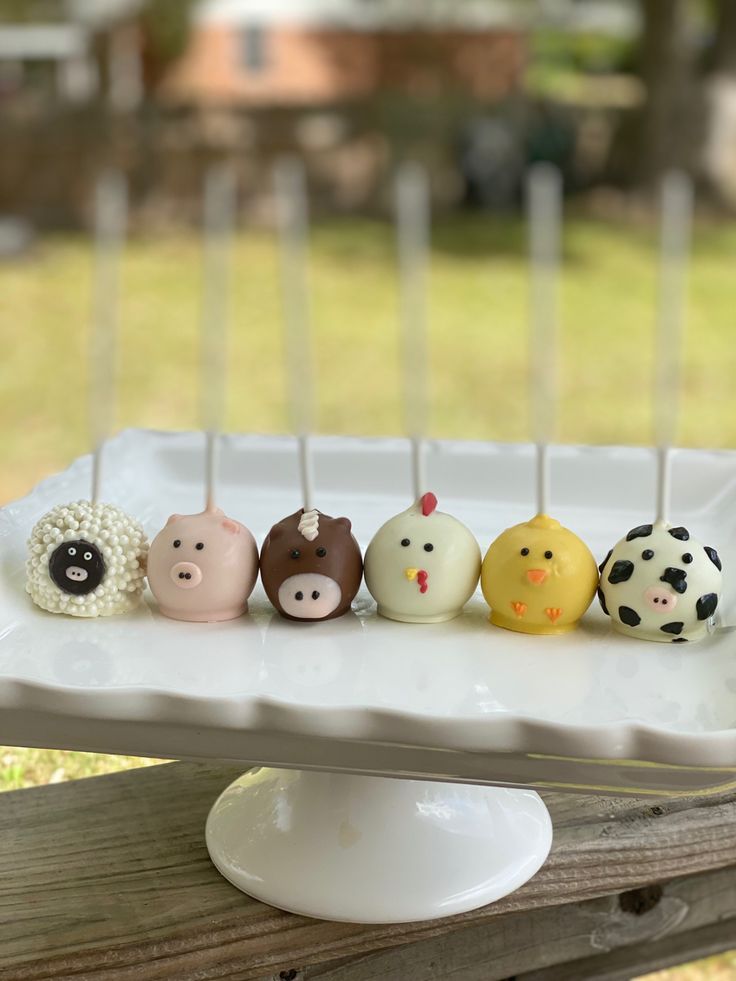 small cake pops with animals on them sitting on a white platter in front of a wooden fence