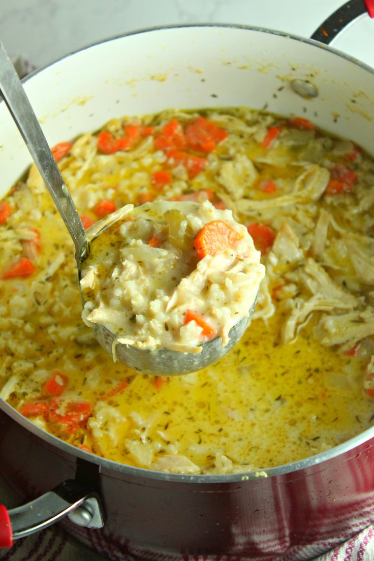 a ladle full of chicken noodle soup with carrots