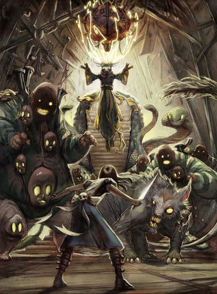 an image of a group of demonic creatures in front of a demon with glowing eyes