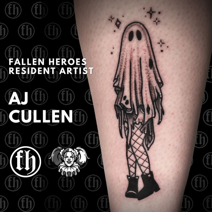 a black and white photo of a person with a ghost tattoo on their leg, next to the words fallen heros resident artist