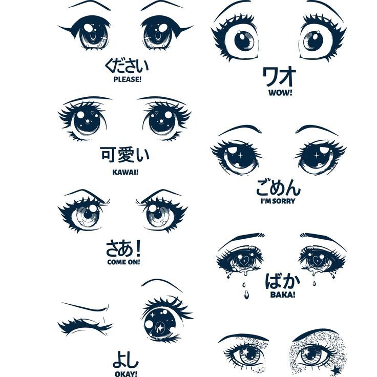 various types of eyes with different words in japanese characters on the upper part of each eye