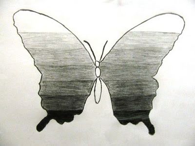 a drawing of a butterfly with black and white stripes on it's back wings