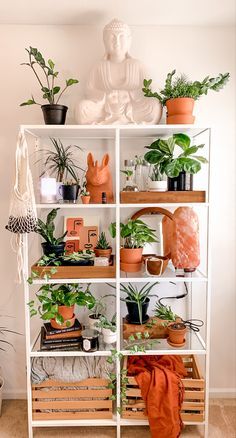 a white shelf filled with lots of plants and potted animals on top of it