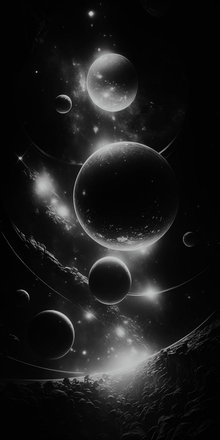 an artistic black and white photo of planets