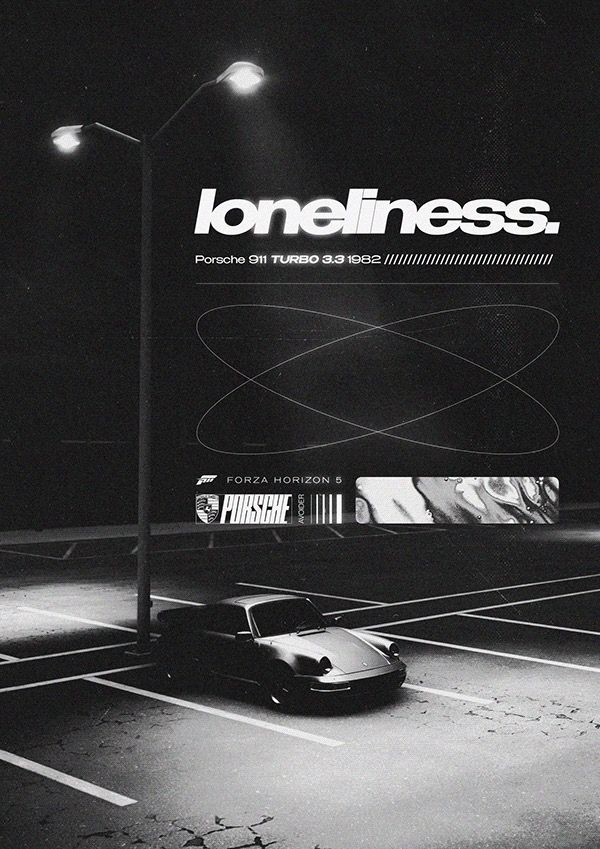 a black and white photo of a car parked in a parking lot with the words loneness above it