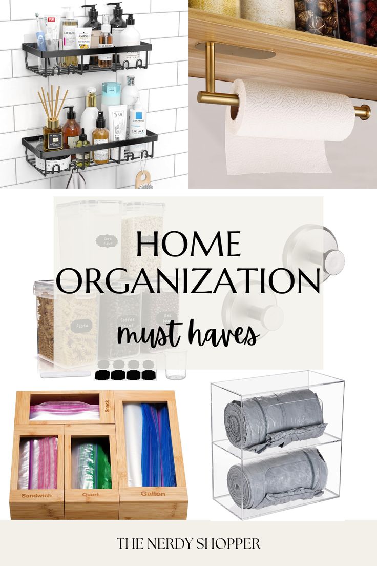 the home organization must haves are organized with items such as paper towels, toiletries and other things