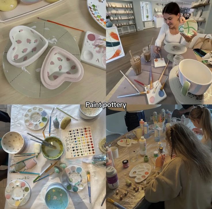 there are many different pictures of pottery being made in the same room as people working on their crafts