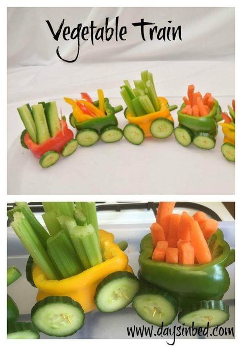 vegetable train made out of cucumbers, celery, and carrots