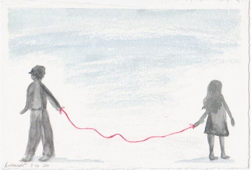 a drawing of two people walking in the snow with a red string attached to them