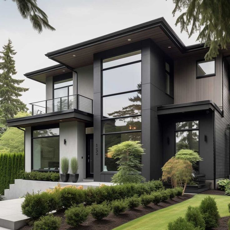 a modern house with lots of windows and landscaping