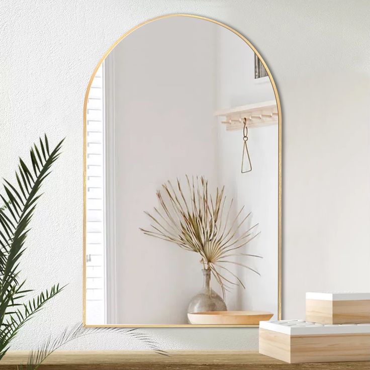 a mirror sitting on top of a wooden shelf next to a potted palm tree