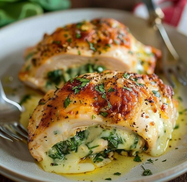 two pieces of chicken covered in cheese and spinach on a plate with a fork