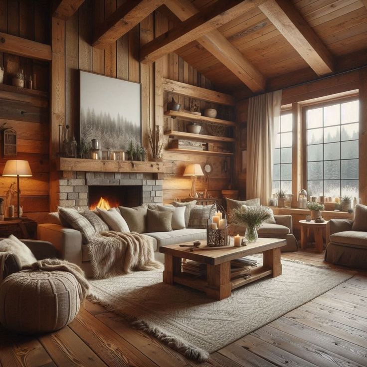 a living room filled with furniture and a fire place in the middle of a room