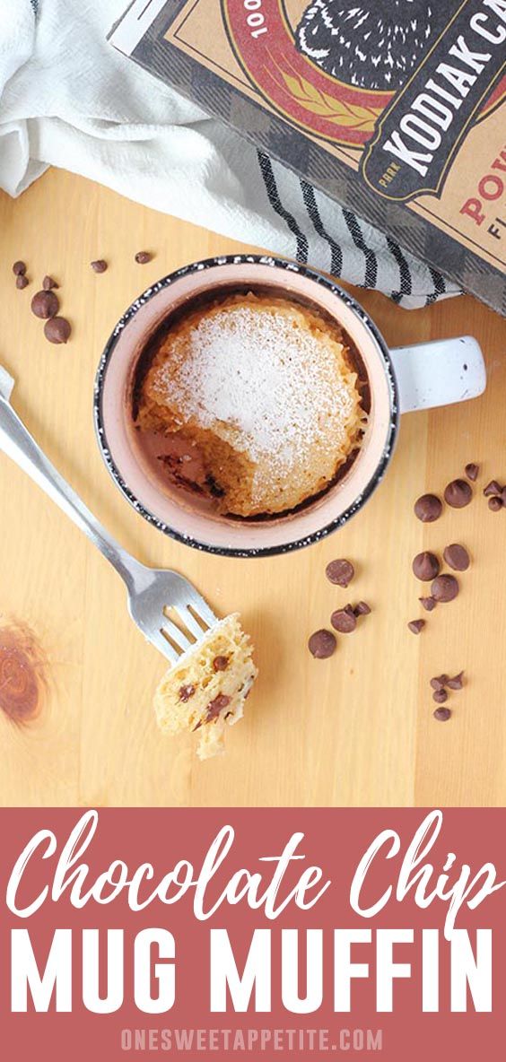 chocolate chip mug muffins with powdered sugar and coffee beans on the side