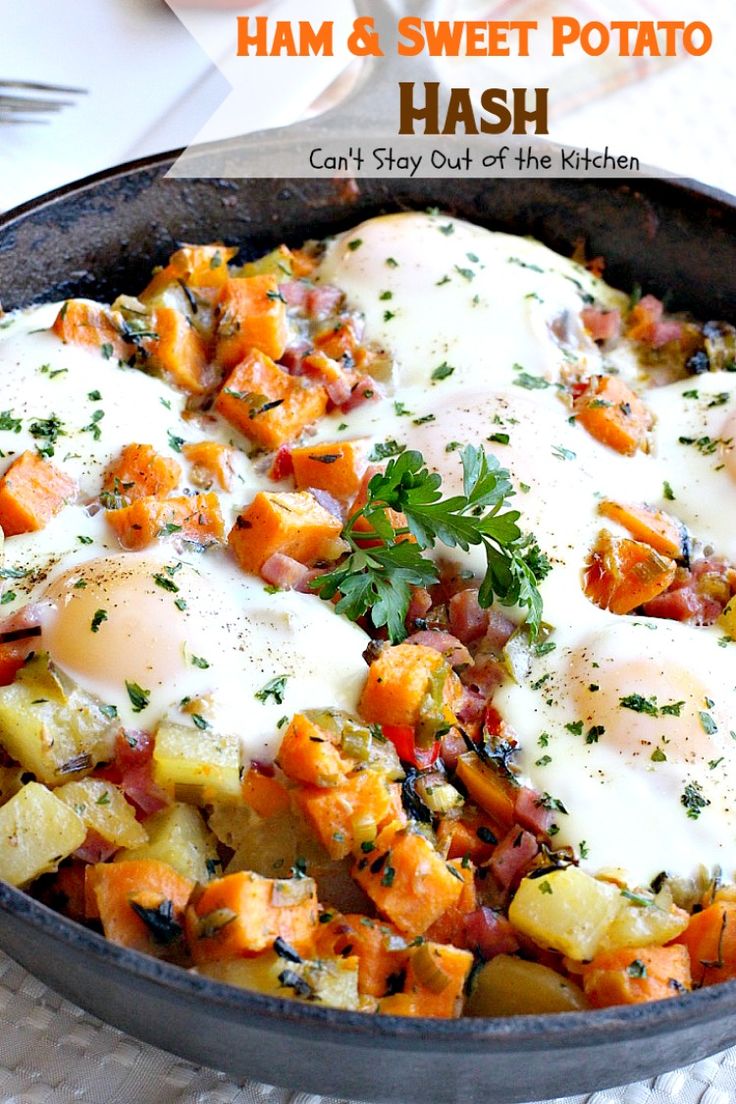 ham and sweet potato hash browns in a cast iron skillet with an egg on top