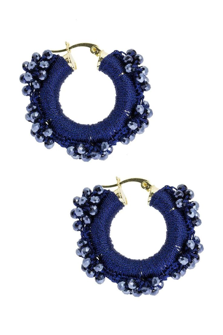 Royal Redux Beaded Hoop Earring Dark Blue Colorful Beaded Hoop Earrings For Party, Small Hoop Earrings With Dangling Beads For Party, Small Hoop Beaded Earrings For Party, Party Small Hoop Beaded Earrings, Blue Small Hoop Beaded Earrings For Summer, Colorful Beads Hoop Earrings For Party, Adjustable Hoop Earrings With Dangling Beads For Party, Adjustable Dangling Beads Hoop Earrings For Party, Party Beaded Hoop Earrings With Round Beads