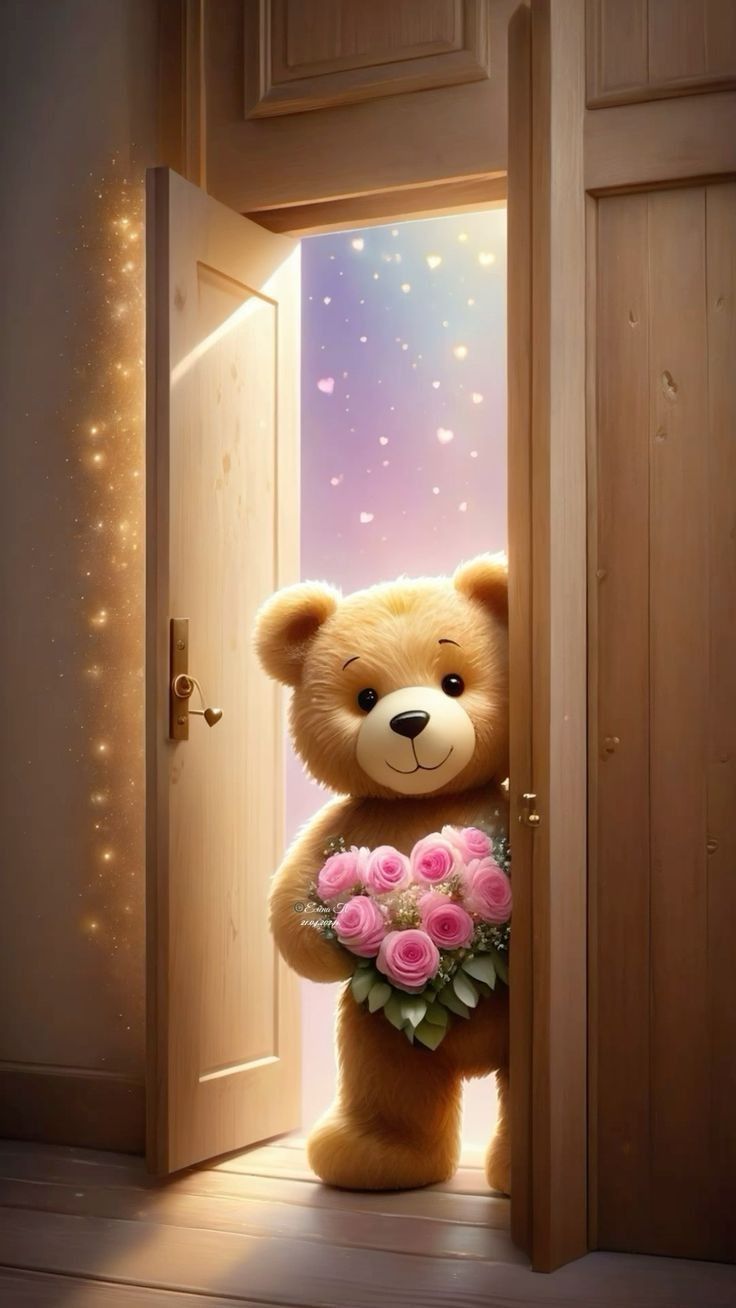 a brown teddy bear holding a bouquet of pink roses in front of an open door