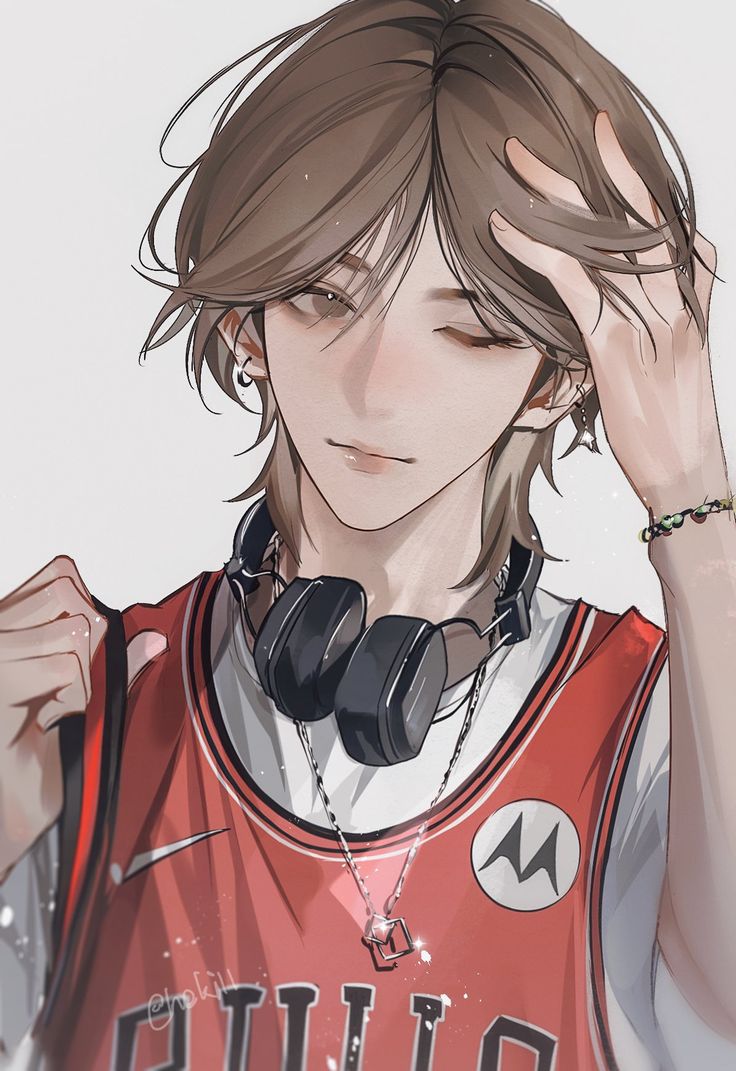 an anime character with headphones on his ears