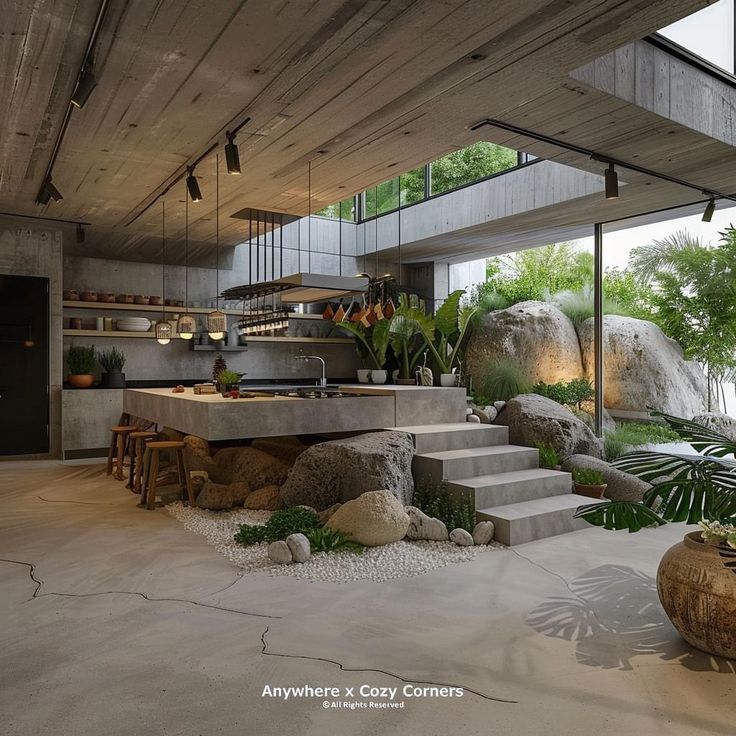 an open kitchen and dining area in a modern house with stone steps leading up to the upper floor